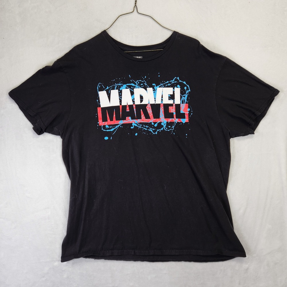 Marvel Mens XL Black Graphic T-Shirt Blue Paint Splatter‎ Logo Cotton Tee